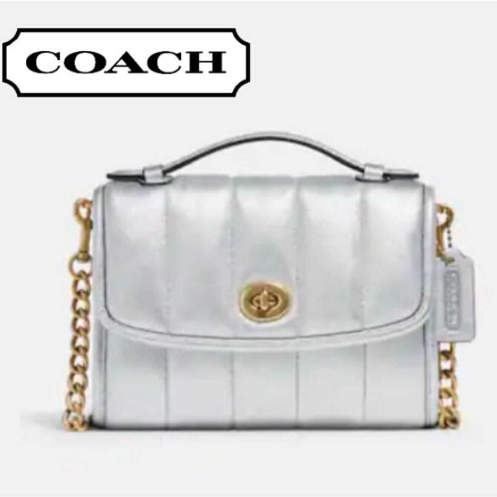 Coach RETAIL Metallic Silver Quilted Leather Turnlock Crossbody Bag